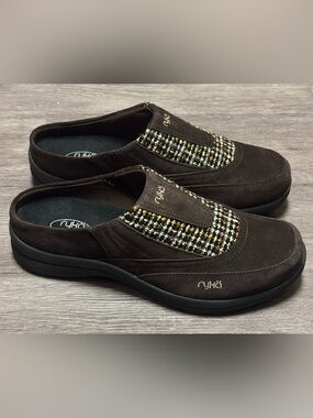 NIB- Ryka Freelance Brown Suede Tweed Inset Mule Clogs Size 9.5